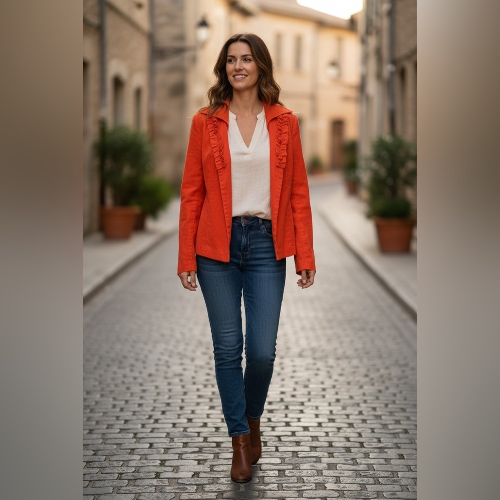 Chabi Chic 100% Linen Orange Blazer with Ruffle Lapel and Cuff Size L